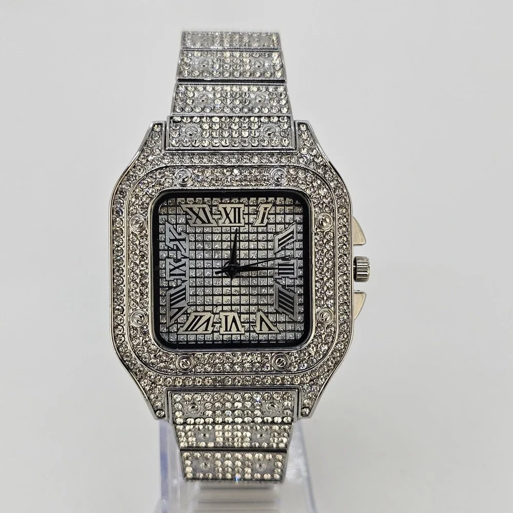 Men's Ice Out Square Watch 41MM Gray Dial Gray Bracelet Band 8